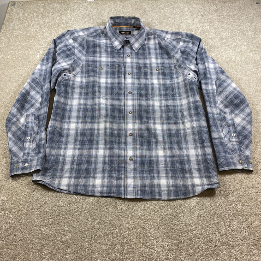 Orvis Button Down Shirt Mens Large Blue Plaid Long Sleeve Fishing Utility